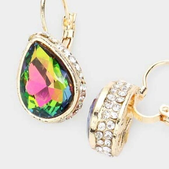 Rhinestone Oil Spill Teardrop Stone Lever Back Gold Evening Earrings - Picture 2 of 5